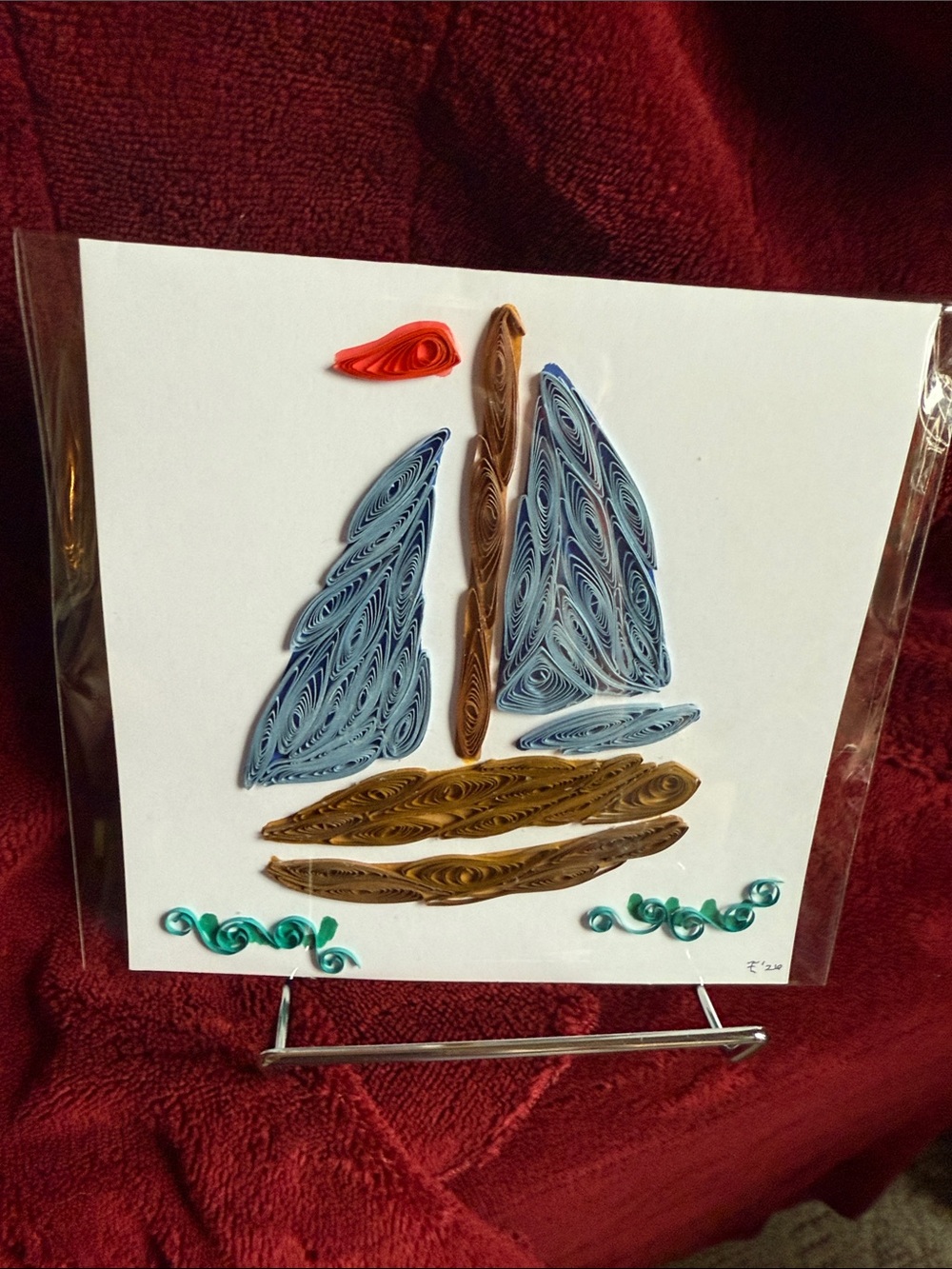 Quilled Paper Sailboat Wall Art in Blue, Brown, Teal & Red